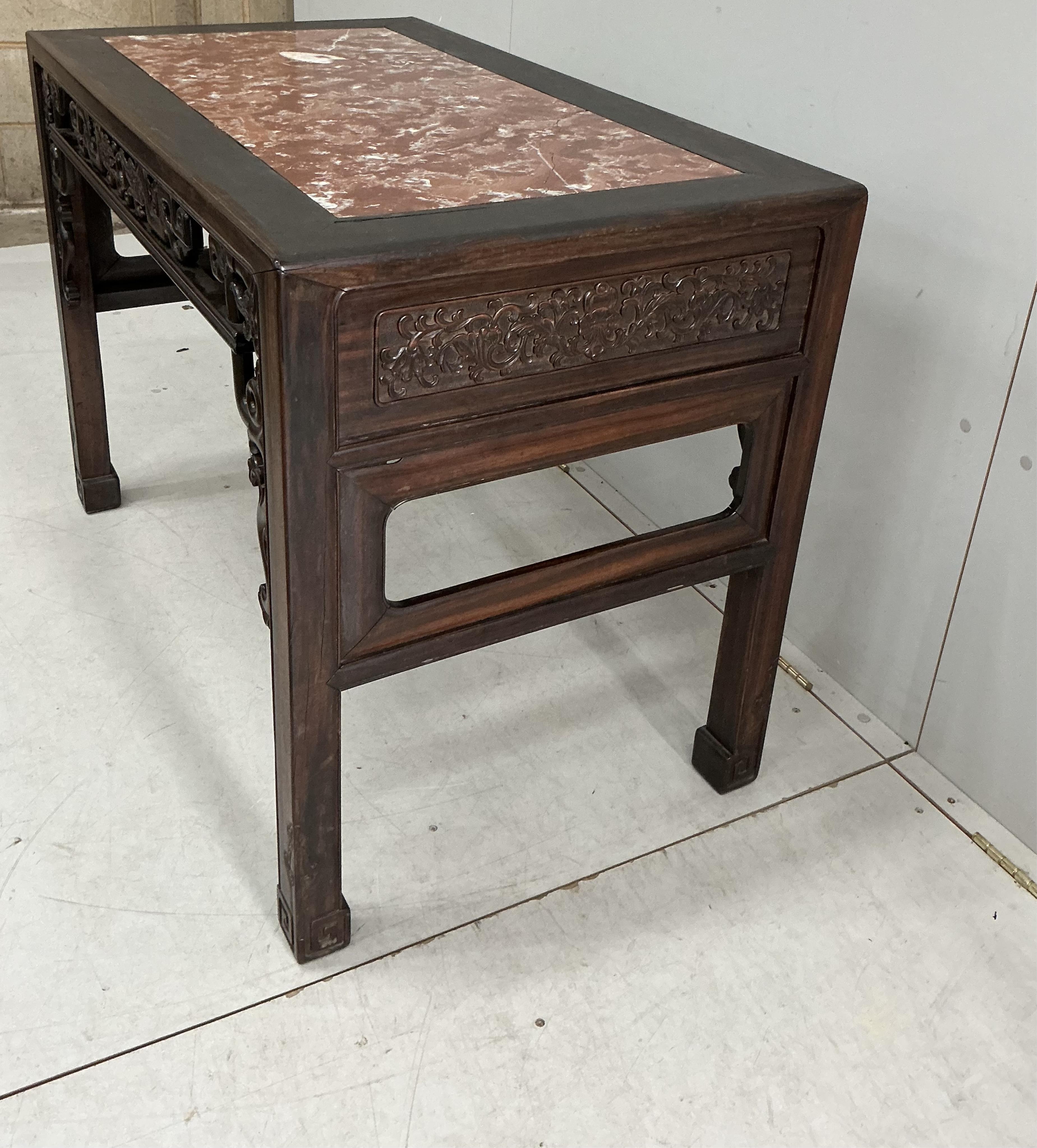 A late 19th / early 20th century Chinese rectangular marble topped hongmu table, width 106cm, depth 60cm, height 76cm